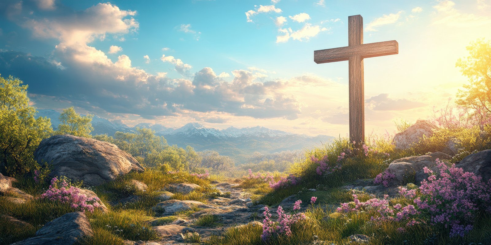 Scenic landscape features a wooden cross surrounded by vibrant flowers and mountains under a cloudy sky at sunset